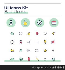 Basic UI icons kit. Settings color vector symbols set. Upload file to cloud with wi fi. Option mobile app buttons in green circles pack. Web design elements collection. Basic UI icons kit