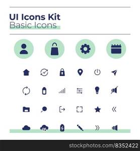 Basic UI icons kit. Settings glyph vector symbols set. Upload file to cloud with wi fi. Option mobile app buttons in green circles pack. Web design elements collection. Basic UI icons kit
