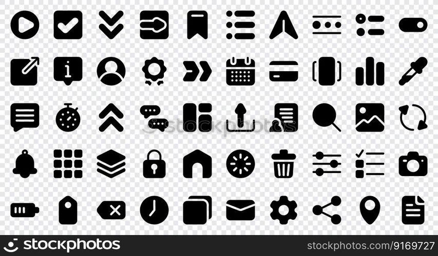 Basic user interface essential set. Solid icon set. User interface symbols. Vector illustration