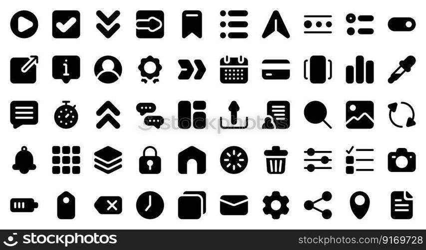 Basic user interface essential set. Solid icon set. User interface symbols. Vector illustration