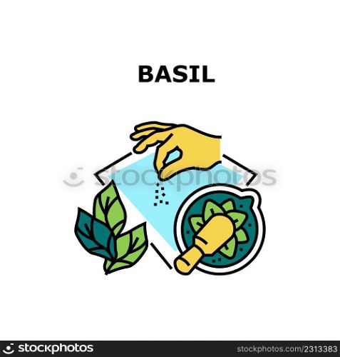 Basil Spice Vector Icon Concept. Basil Spice For Cooking And Flavoring Dish. Freshness And Natural Herbal Flavor For Delicious Tasty Meal. Vegetarian Vitamin Ingredient Color Illustration. Basil Spice Vector Concept Color Illustration