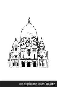 Basilica of Sacre Coeur, Montmartre. Paris symbol. The Basilica of the Sacred Heart. Hand drawing sketch vector illustration. Touristic place. Can be used at advertising, postcards, prints, textile. Basilica of Sacre Coeur in Montmartre, Paris. Illustration in draw, sketch style