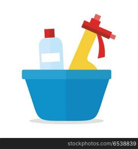Basin with Washing Cleaners. Glass Clean Substance. Basin with washing cleaners. Glass cleaner and substance for washing isolated on white. Sign icon symbols of clean in house. House washing equipment. Office and hotel cleaning. Housekeeping. Vector