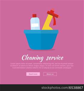 Basin with Washing Cleaners. Glass Clean Substance. Basin with washing cleaners. Glass cleaner and substance for washing. Sign icon symbols of clean in house. House washing equipment. Office and hotel cleaning. Housekeeping. Vector