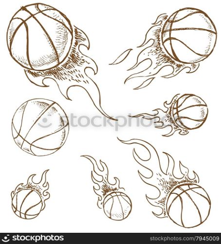 basket ball set. basket ball hand draw isolated on white