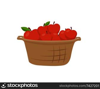 Basket full of apples vector badge in cartoon style isolated icon. Wicker capacity with pile of red fruit with leaves, healthy and fresh food theme. Basket of Apples Single Vector Icon Cartoon Style