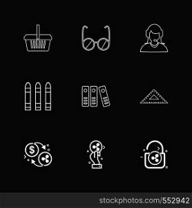 basket , glasses ,employee , bullets , files, geometry, coins , dollar , unlock , icon, vector, design, flat, collection, style, creative, icons