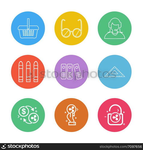 basket , glasses ,employee , bullets , files, geometry, coins , dollar , unlock , icon, vector, design, flat, collection, style, creative, icons