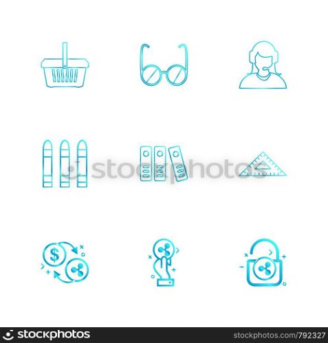 basket , glasses ,employee , bullets , files, geometry, coins , dollar , unlock , icon, vector, design, flat, collection, style, creative, icons