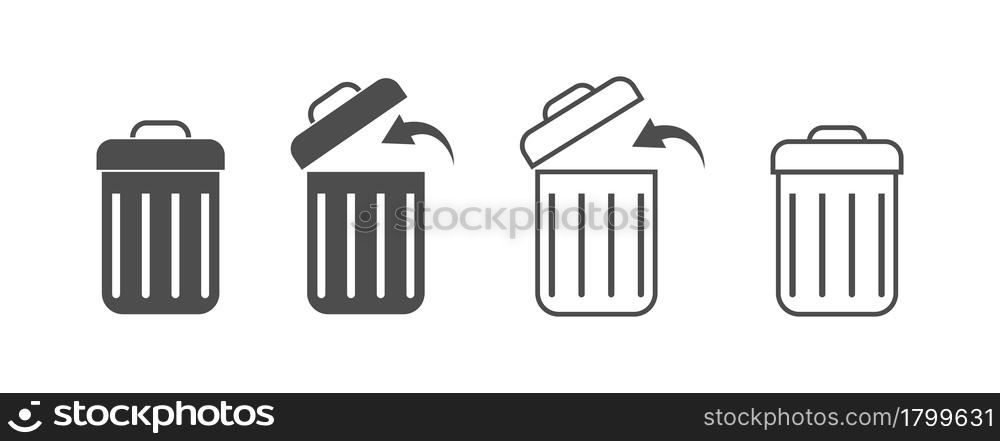 basket icon. A set of silhouette and contour trash can icons. Flat style.