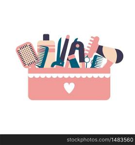 Basket of hair tools. Vector on white background
