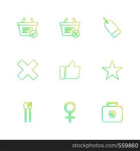 basket, tag , cross , like, star , spoon , fork , female , breifcase ,icon, vector, design, flat, collection, style, creative, icons