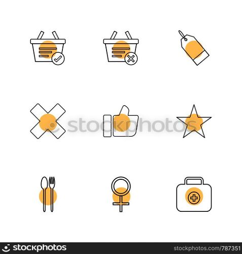 basket, tag , cross , like, star , spoon , fork , female , breifcase ,icon, vector, design, flat, collection, style, creative, icons