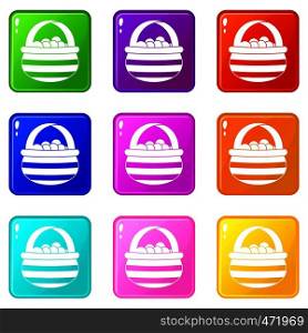 Basket with cranberries icons of 9 color set isolated vector illustration. Basket with cranberries icons 9 set
