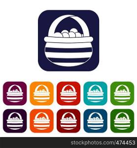 Basket with cranberries icons set vector illustration in flat style In colors red, blue, green and other. Basket with cranberries icons set