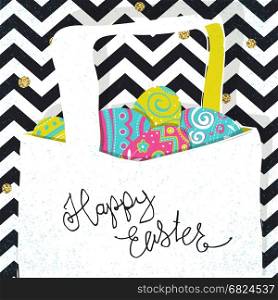 Basket with Easter eggs. Chevron lines and golden dots background. Easter postcard.