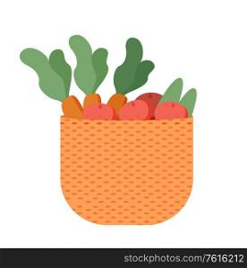Basket with farmer products isolated carrot and potato, agriculture concept. Vector gardening and farming, shopping on salad, agronomy homegrown food. Basket with Farmer Products Isolated Carrot Potato