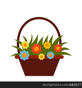 Basket with flowers flat icon isolated on white background. Basket with flowers flat icon