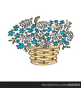 Basket with flowers isolated on white background. Vector close-up cartoon illustration. Sketch style. Basket with flowers isolated on white background. Vector close-up cartoon illustration.