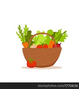 Basket with vegetables colorful cartoon vector illustration. Vegetarian nutrition market concept: onion pumpkin tomato carrot salad and other product. Organic healthy food harvest delivery package. Eat local organic products cartoon vector concept. Colorful illustration of happy farmer