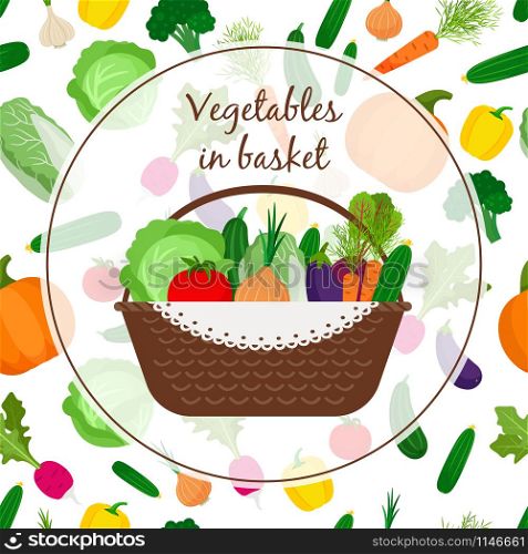 Basket with vegetables, on fall harvest background, vector illustration.. Basket with vegetables