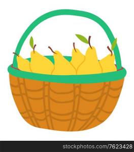 Basket with yellow pear isolated icon. Vector sweet juicy fruits with leaves, isolated harvest or autumn crop. Vegetarian food, fresh dessert in wickered container. Flat cartoon. Basket with Yellow Pear Isolated Juicy Fruits