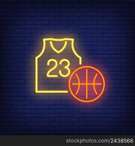 Basketball and jersey neon sign. Basketball, team game and sport concept. Advertisement design. Night bright colorful billboard, light banner. Vector illustration in neon style.
