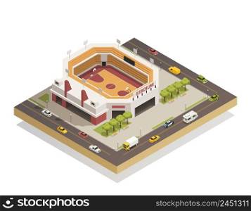 Basketball arena sport center competitions stadium with outdoor area and adjacent streets isometric composition vector illustration . Basketball Arena Stadium Isometric Composition