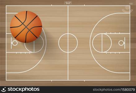 Basketball ball in basketball court area. With wooden pattern background. Vector illustration.