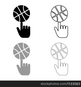 Basketball ball spinning on top of index finger icon outline set black grey color vector illustration flat style simple image. Basketball ball spinning on top of index finger icon outline set black grey color vector illustration flat style image