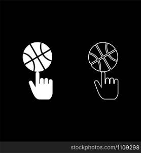 Basketball ball spinning on top of index finger icon outline set white color vector illustration flat style simple image