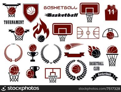 Basketball balls, courts, baskets on backboards, winner trophies and jersey icons for sport club or team design supplemented by heraldic shield, wreaths and ribbon banners, flames and stars. Basketball game items for sport club, team design