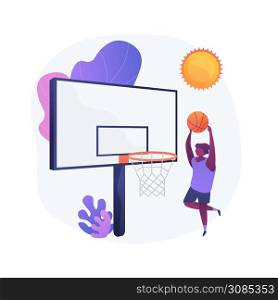 Basketball camp visitor. Active rest, ball game training, healthy lifestyle. Boy practicing throwing ball in basket. Talented youth sports center. Vector isolated concept metaphor illustration. Basketball camp vector concept metaphor