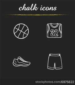 Basketball chalk icons set. Ball, shoe, t-shirt, shorts. Basketball player&rsquo;s uniform. Isolated vector chalkboard illustrations. Basketball chalk icons set