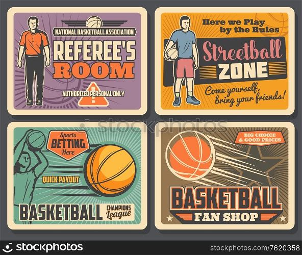 Basketball champions league tournament, streetball sport club championship vintage posters. Vector basketball player with ball goal in basket, referee whistle and sport bets payouts. Basketball sport club, streetball tournament