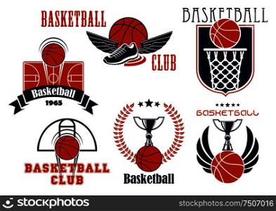 Basketball club or team emblems showing basketball balls with basket and backboard, courts, trophy cups and winged shoes, supplemented heraldic shield, laurel wreath, ribbon banner and stars. Basketball game icons with sport items