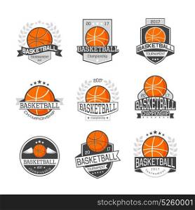 Basketball Competitions Emblems Set. Set of emblems basketball competitions in orange grey colors with ball wreath ribbon star isolated vector illustration