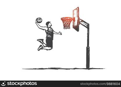 Basketball concept. Hand drawn player with ball jumping. Man playing in basketball isolated vector illustration.. Basketball concept. Hand drawn isolated vector.