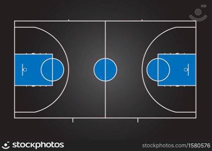 Basketball court. Black background with blue details. Multicolor vector illustration. View from above.. Basketball court. Black background with blue details. Multicolor vector illustration.
