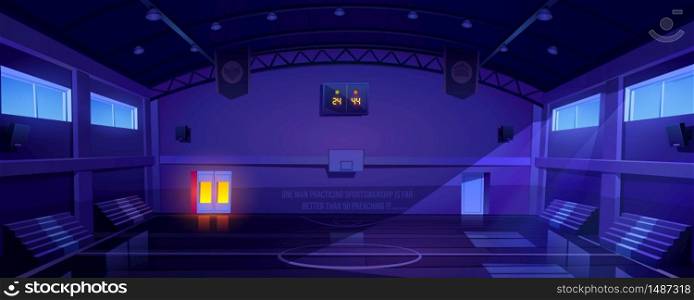 Basketball court interior at night, dark sports arena or hall for team games with hoop, scoreboard and empty fan sector seats. Indoor stadium illuminated with moonlight, cartoon vector illustration. Basketball court empty dark interior, stadium