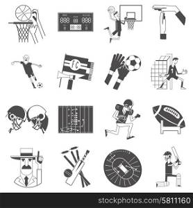 Basketball cricket and football competitive matches team sport attributes symbols icons collection black abstract vector isolated illustration. Team sport icons set black