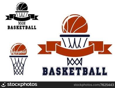 Basketball emblems or symbols with basket and balls for sporting design