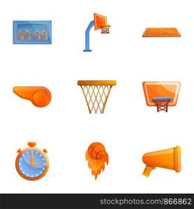 Basketball equipment icon set. Cartoon set of 9 basketball equipment vector icons for web design isolated on white background. Basketball equipment icon set, cartoon style