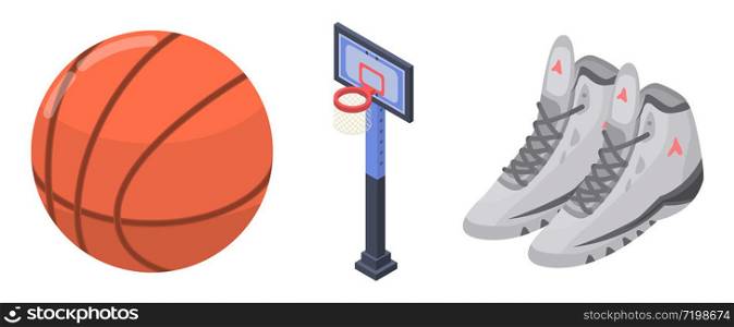 Basketball equipment icons set. Isometric set of basketball equipment vector icons for web design isolated on white background. Basketball equipment icons set, isometric style