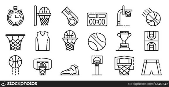 Basketball equipment icons set. Outline set of basketball equipment vector icons for web design isolated on white background. Basketball equipment icons set, outline style