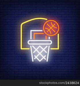 Basketball flying into hoop neon sign. Basketball, win, team game and sport concept. Advertisement design. Night bright colorful billboard, light banner. Vector illustration in neon style.