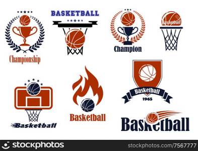 Basketball game emblems and banners set with ball, basket, wreath, ribbon,trophy and fire design elements
