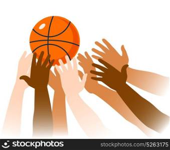 Basketball Game Moment Closeup. Basketball game moment closeup with ball and hands of players on white background vector illustration