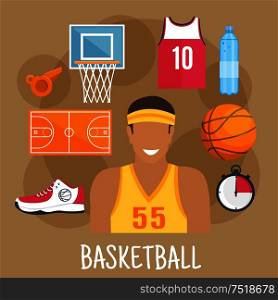 Basketball game symbol for ball sports theme design with guard player in yellow shirt and headband, ball, court and backboard with basket, red jersey, shoe, whistle and stopwatch. Basketball guard flat icon for ball sports design