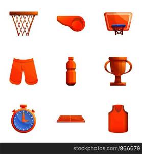Basketball icon set. Cartoon set of 9 basketball vector icons for web design isolated on white background. Basketball icon set, cartoon style